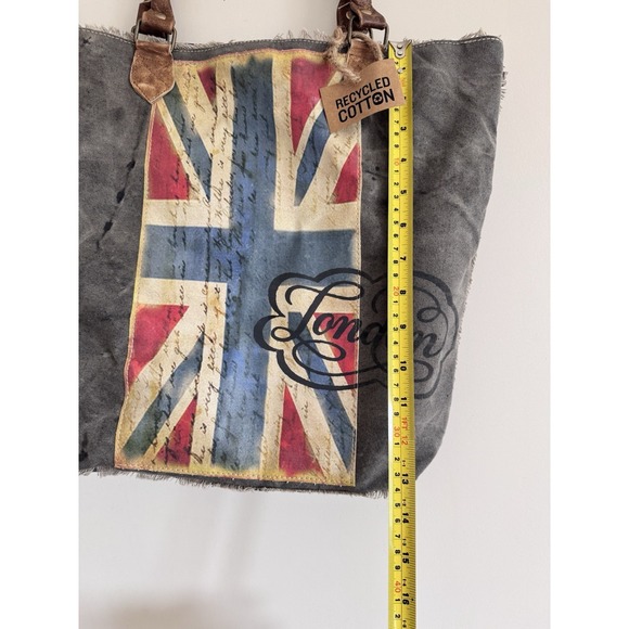 Rustic Rugged British Flag Bag Tote Distressed Leather Cotton Thick Punk London - Picture 2 of 10
